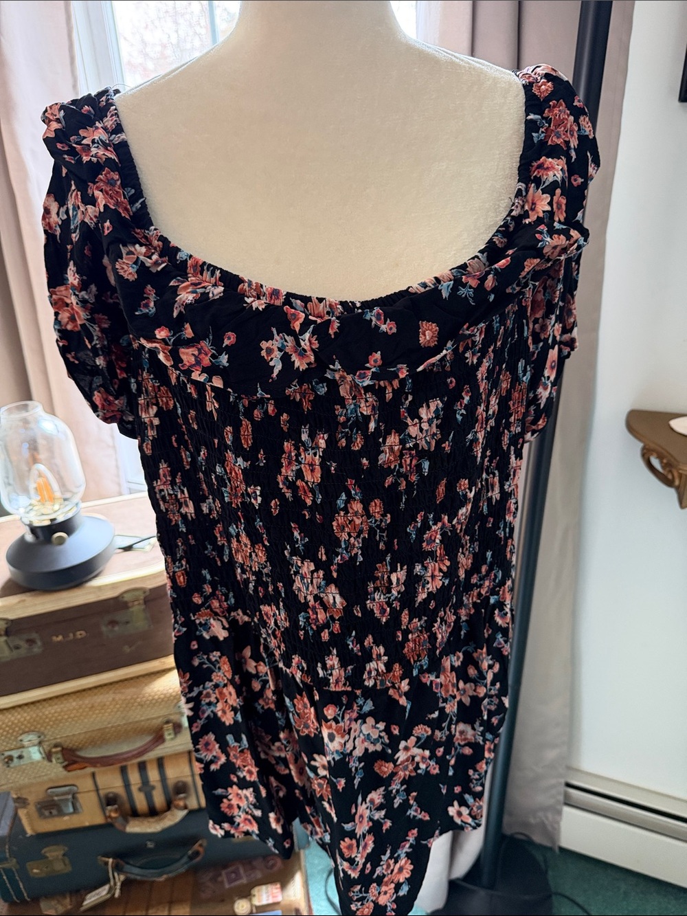 Maurices Black Floral Smocked Square-Neck Blouse 2x